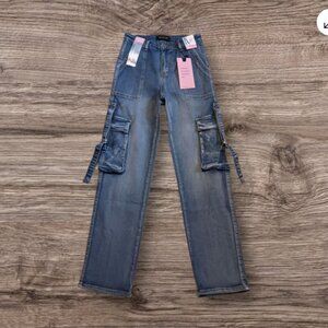 Between Us Cargo Straight Leg Jeans Denim Stretch Blue Size 7 /W 26"x30" Inseam